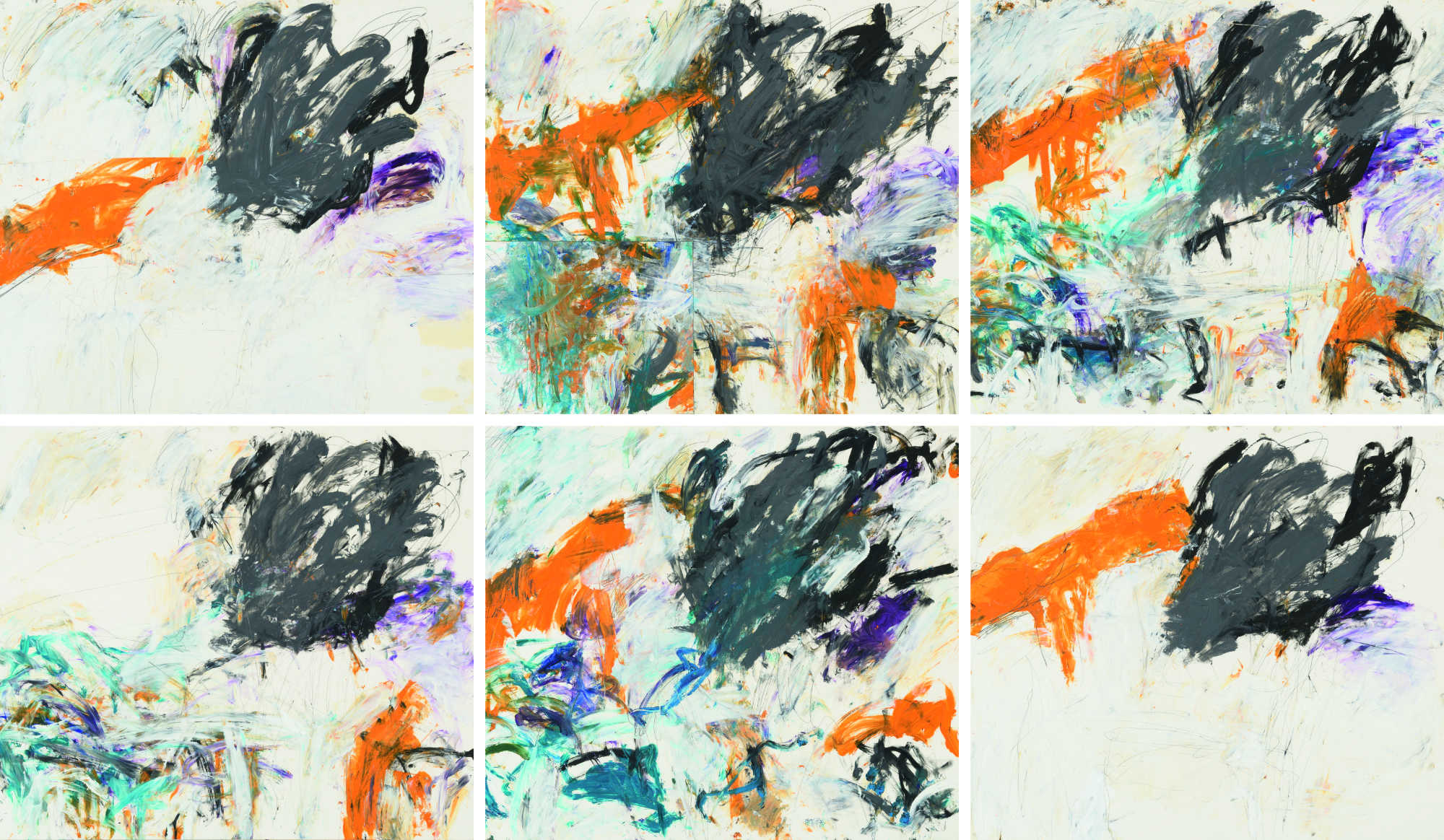 6 Zeichnungen, Motiv variiert, angeordnet 2 x 3, abstrakt, gestisch, jede Zeichnung 80 x 70 cm. 