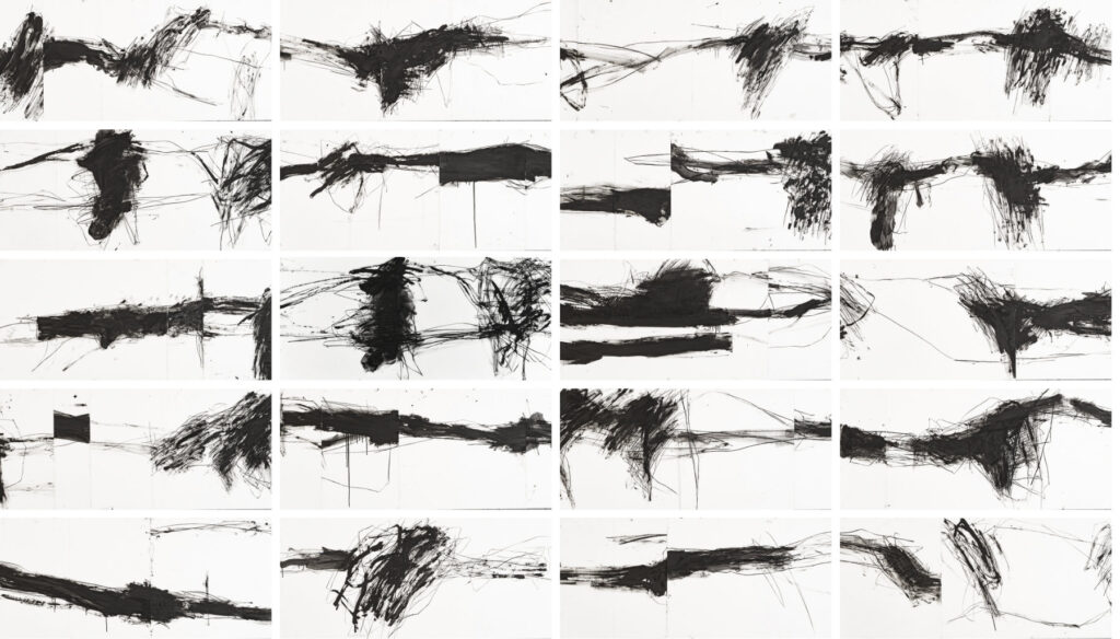 20 Zeichnungen, 110 x 50 cm, Öl, Kohle auf Papier