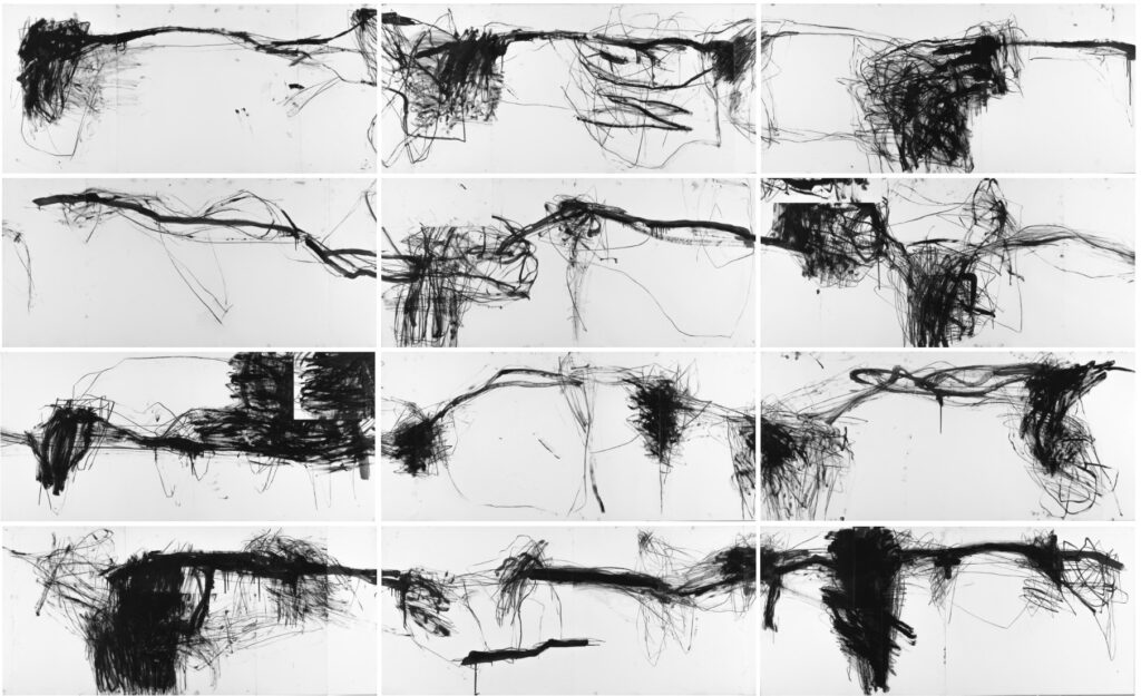 12 Zeichnungen, 155 x 70 cm, Öl, Kohle auf Papier